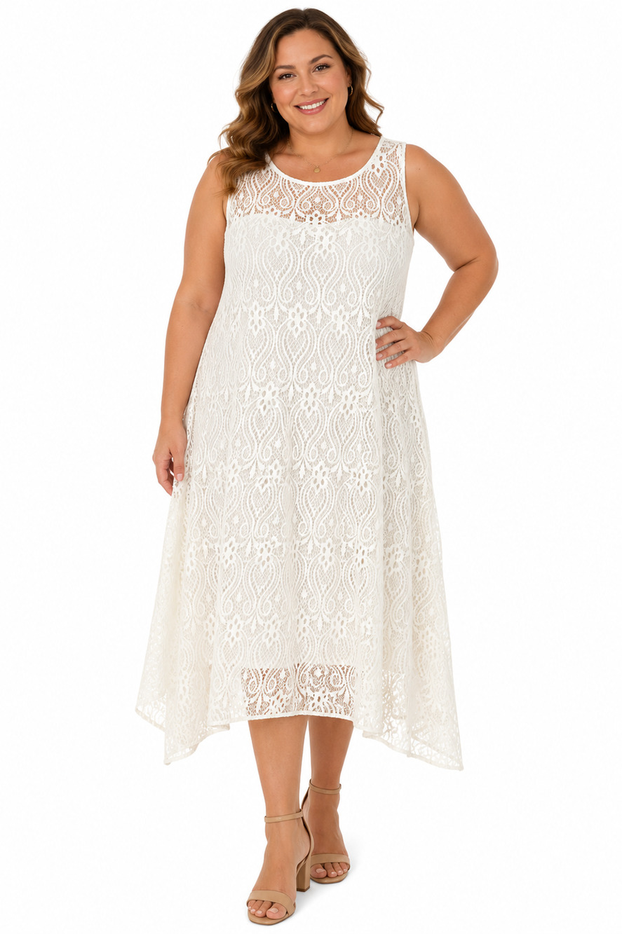 Signature Robbie Bee Ivory Lace Illusion Sleeveless Midi Dress Asymmetrical 1X